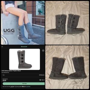 UGG Australia Bailey Button Triplet II Grey Suede Sheepskin Winter Boot sz 9